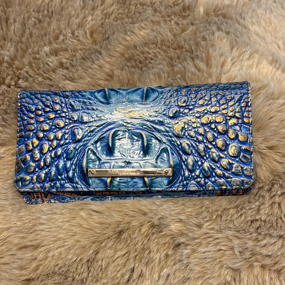 Blue and Gold Brahmin Textured Clutch Wallet Electric Gold and Blue